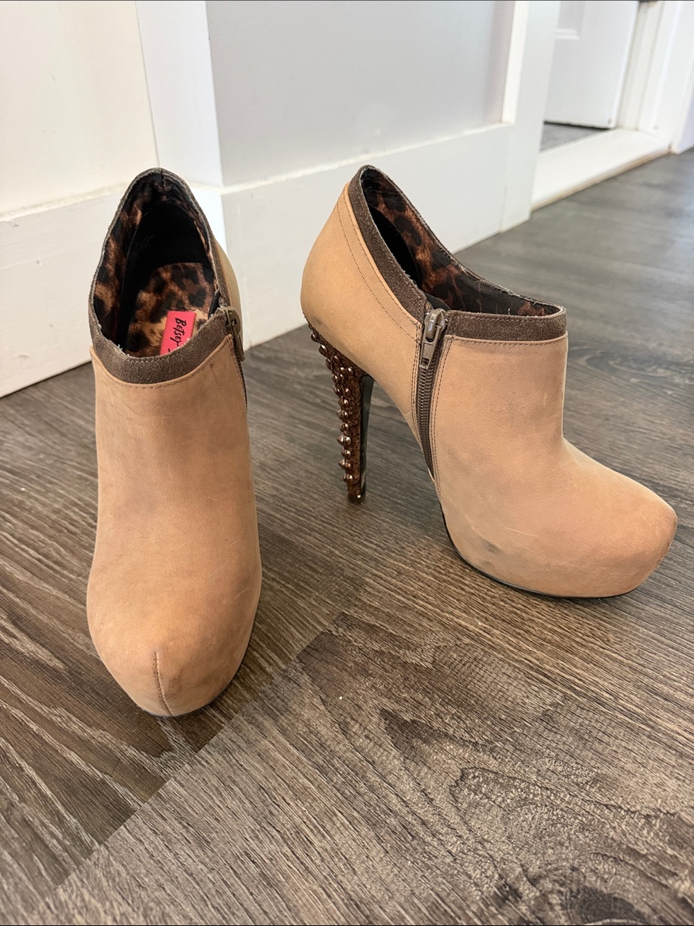 Betsey Johnson Taupe Suede Studded High-Heel Ankle Booties